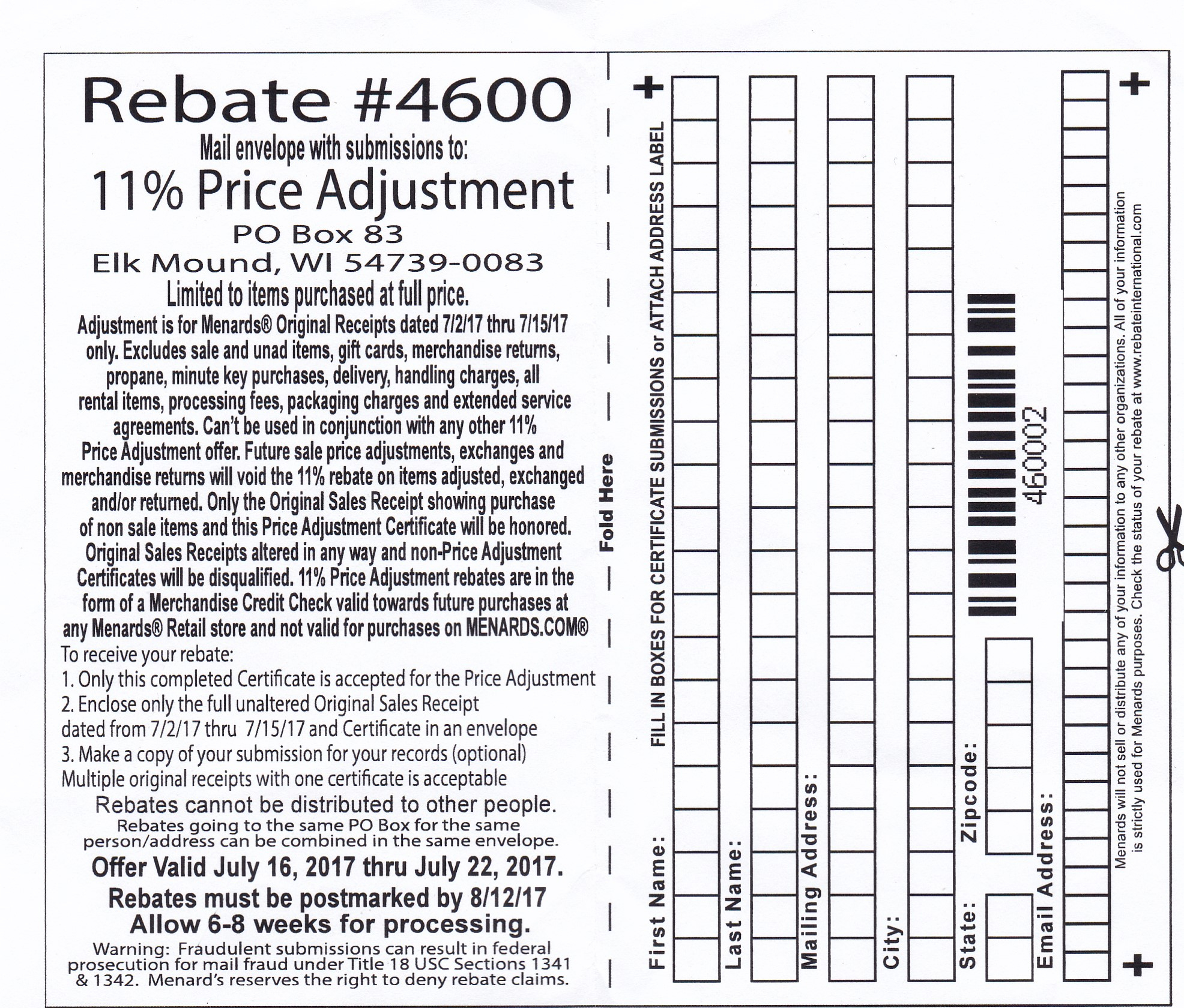 11 Price Adjustment Rebate Form Menards 11