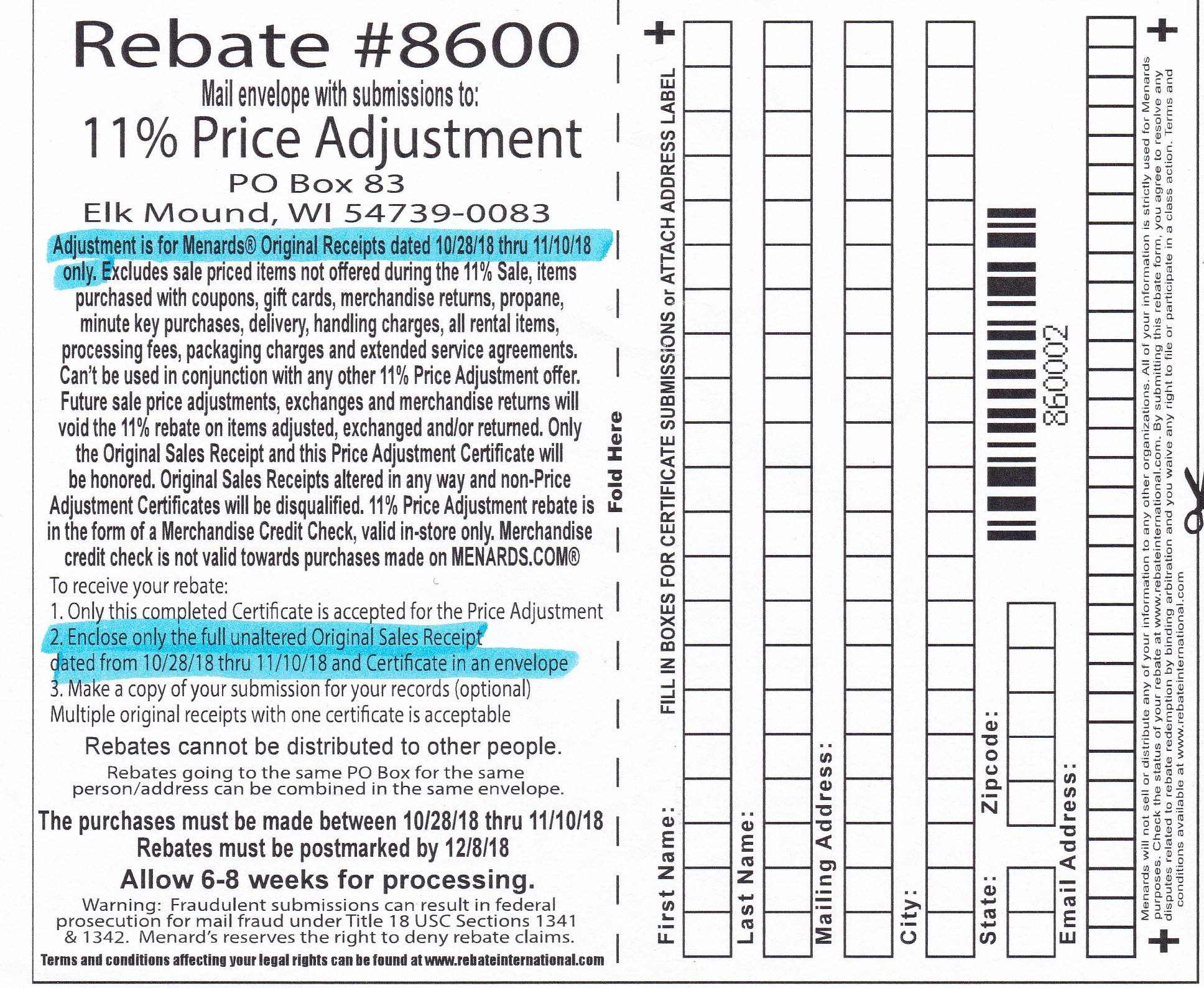 Menards 11 Percent Rebate 11 10 18 Form