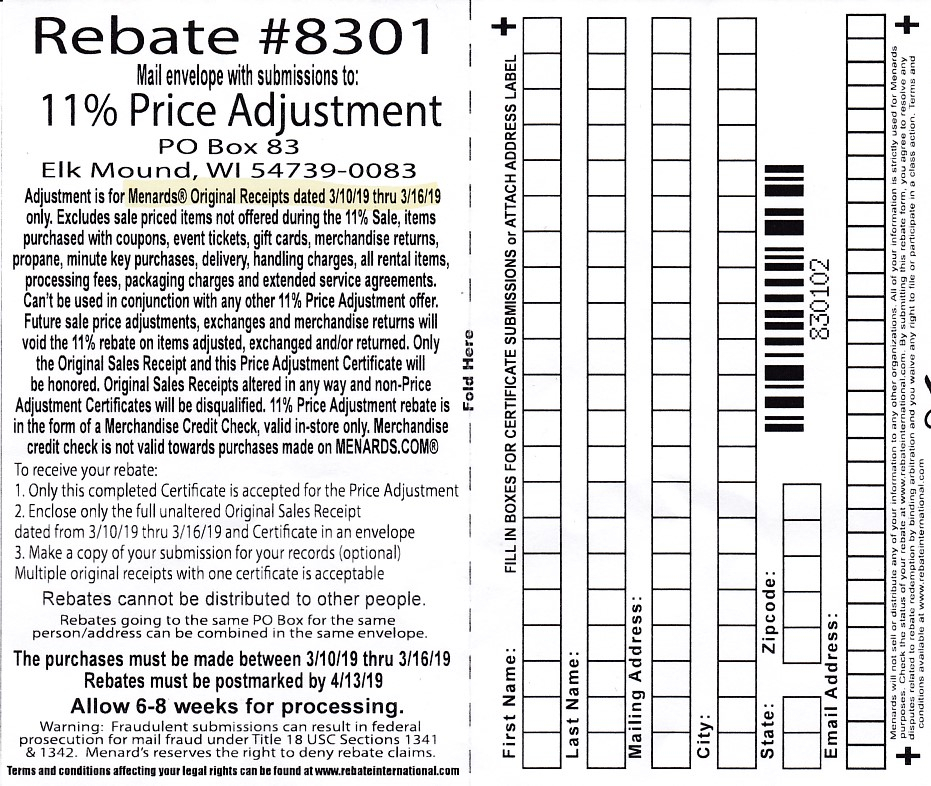 Menards Price Adjustment Rebate 8301